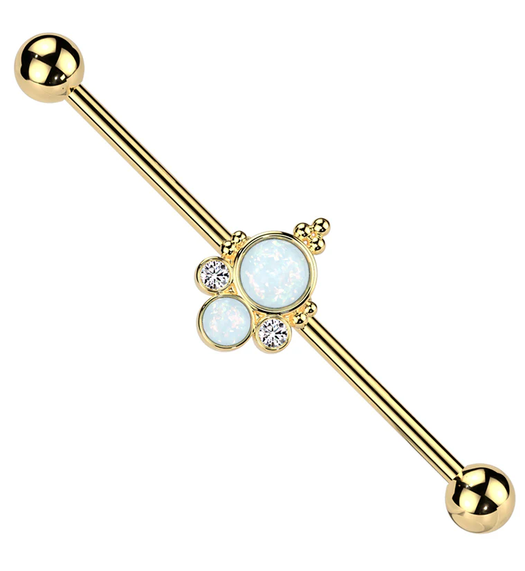 Gold PVD Beaded Double White Opalite Stainless Steel Industrial Barbell - Mrs Treak