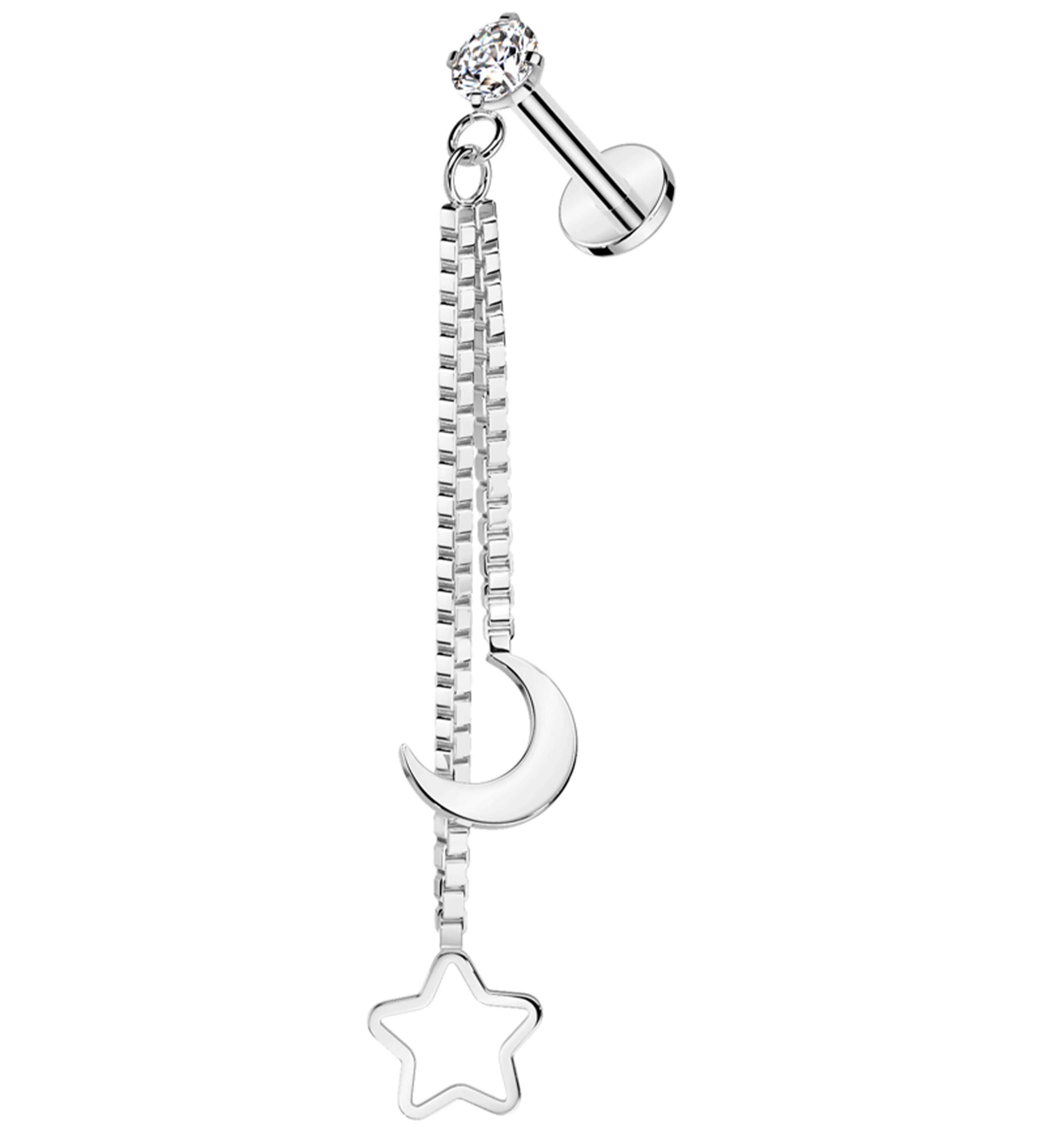 Double Dangle Moon And Star Clear CZ Stainless Steel Internally Threaded Labret - Mrs Treak