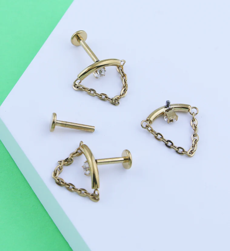 Gold PVD Curved Bar Clear CZ Dangle Chain Titanium Internally Threaded Labret - Mrs Treak