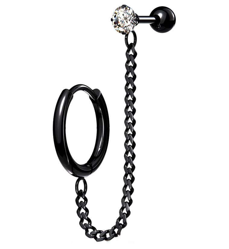 Black PVD Linked Hinged Hoop Ring & CZ Cartilage Barbell - Mrs Treak