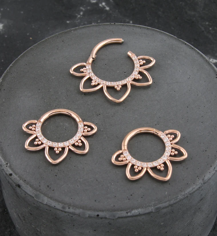 Rose Gold PVD Flower Trace Clear CZ Titanium Hinged Segment Ring - Mrs Treak