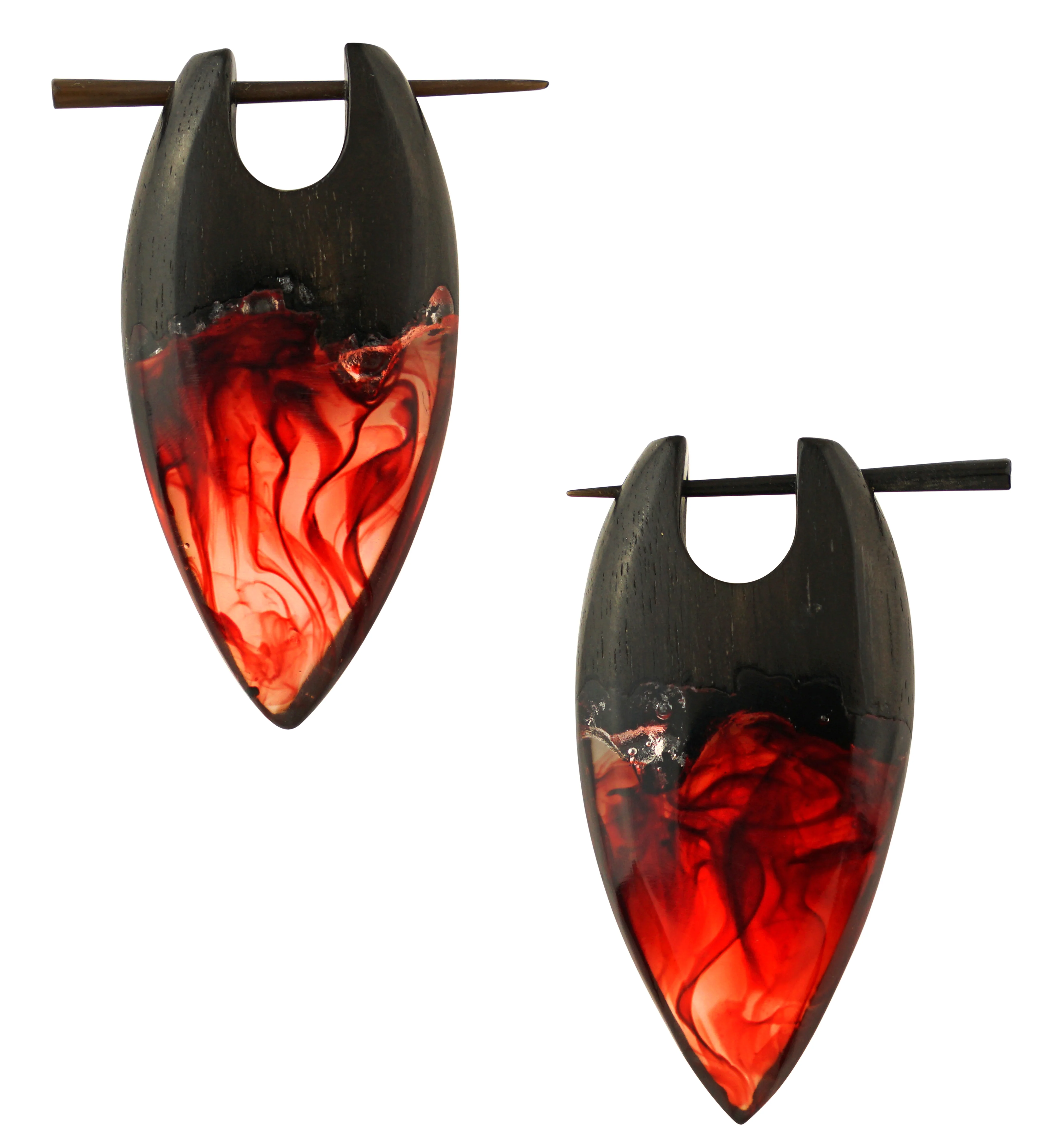 Seeping Red Resin Areng Wood Point Earrings - Mrs Treak