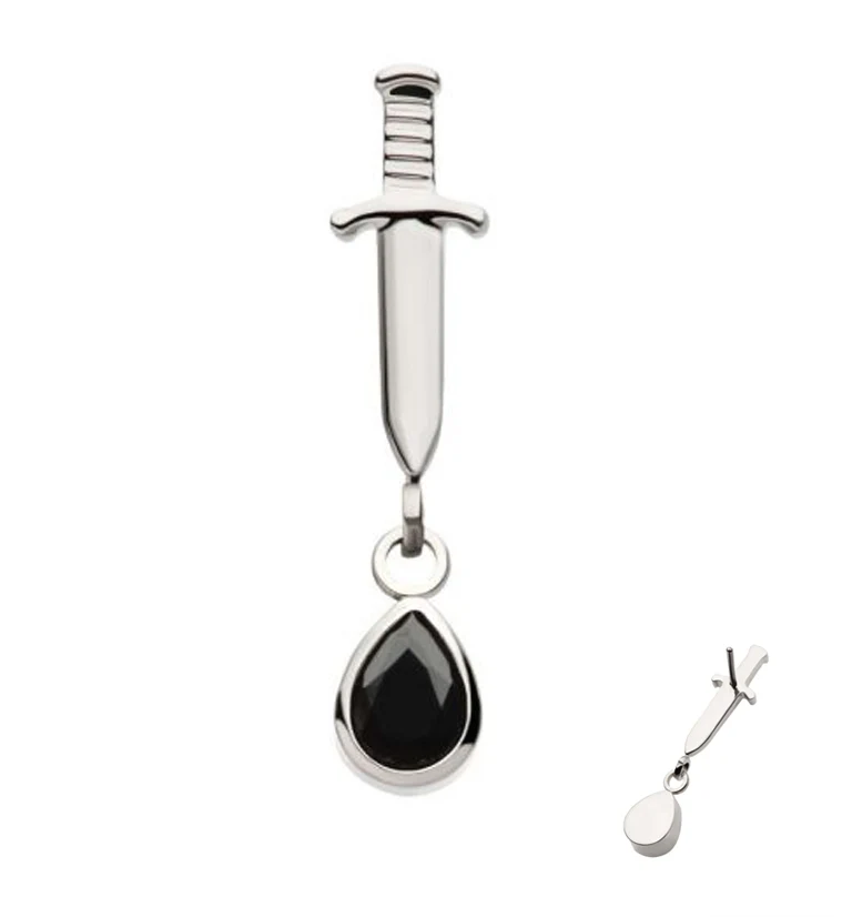 Dagger Dangle Teardrop Black CZ Threadless Top - Mrs Treak