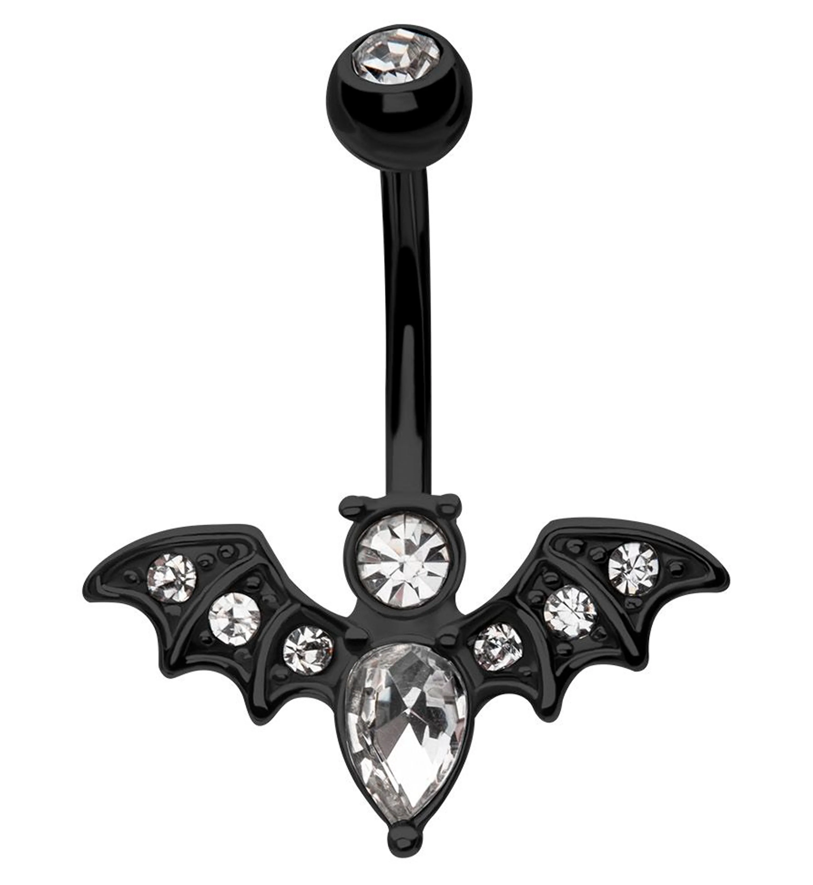 Black PVD Bat Clear CZ Stainless Steel Belly Button Ring - Mrs Treak