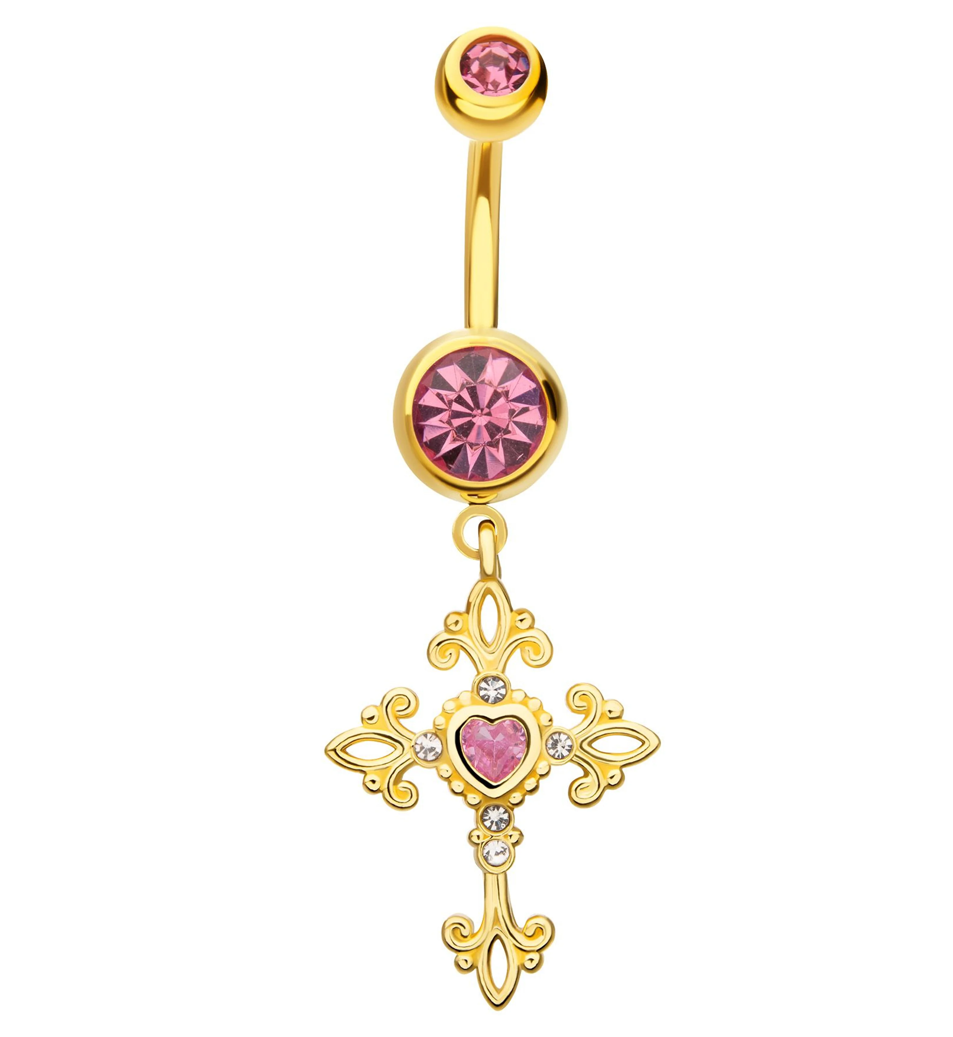 Gold PVD Gothic Cross Pink CZ Dangle Stainless Steel Belly Button Ring - Mrs Treak
