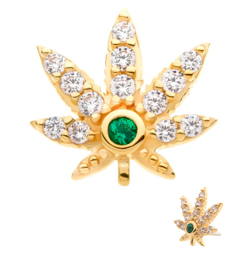 14kt Gold Hemp Leaf Emerald CZ Threadless Top - Mrs Treak