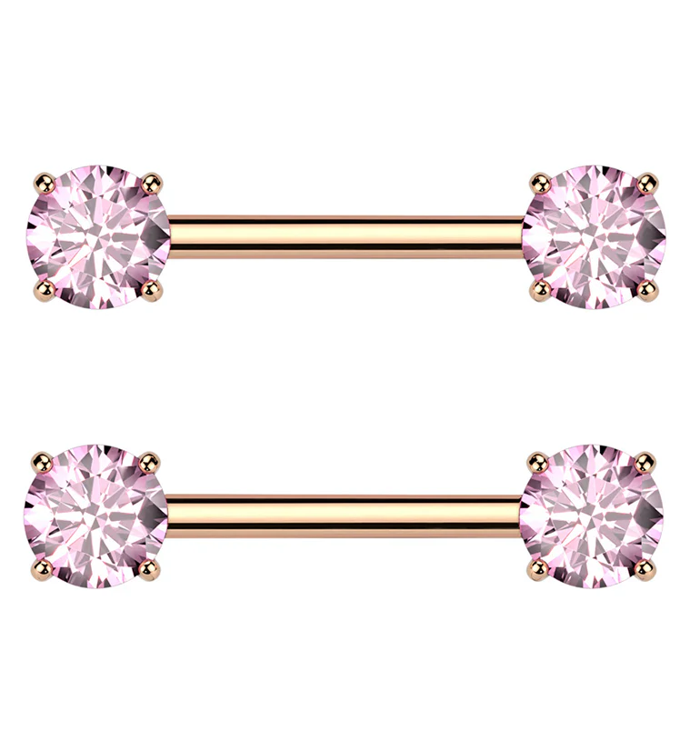 Rose Gold PVD Prong Pink CZ Threadless Titanium Nipple Barbells - Mrs Treak