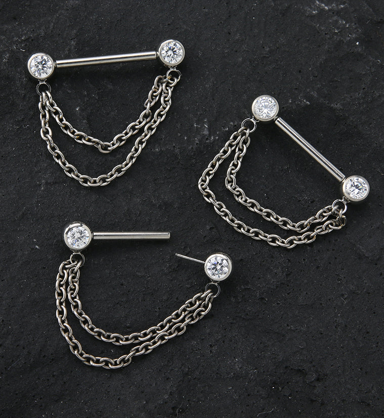Dangle Chain Clear CZ Threadless Titanium Nipple Bars - Mrs Treak