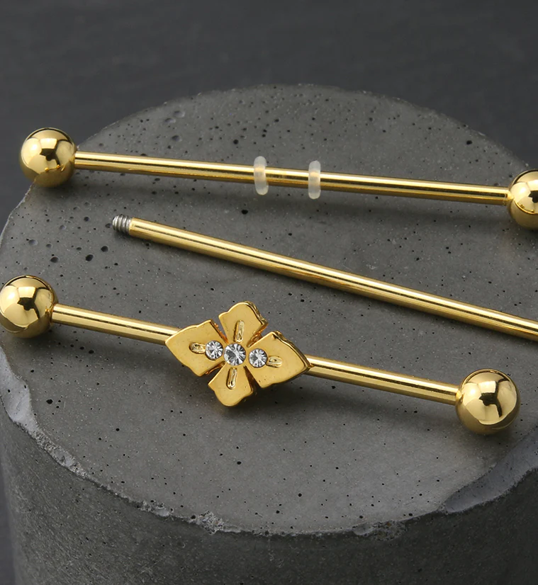 Gold PVD Blossom Clear CZ Industrial Barbell - Mrs Treak