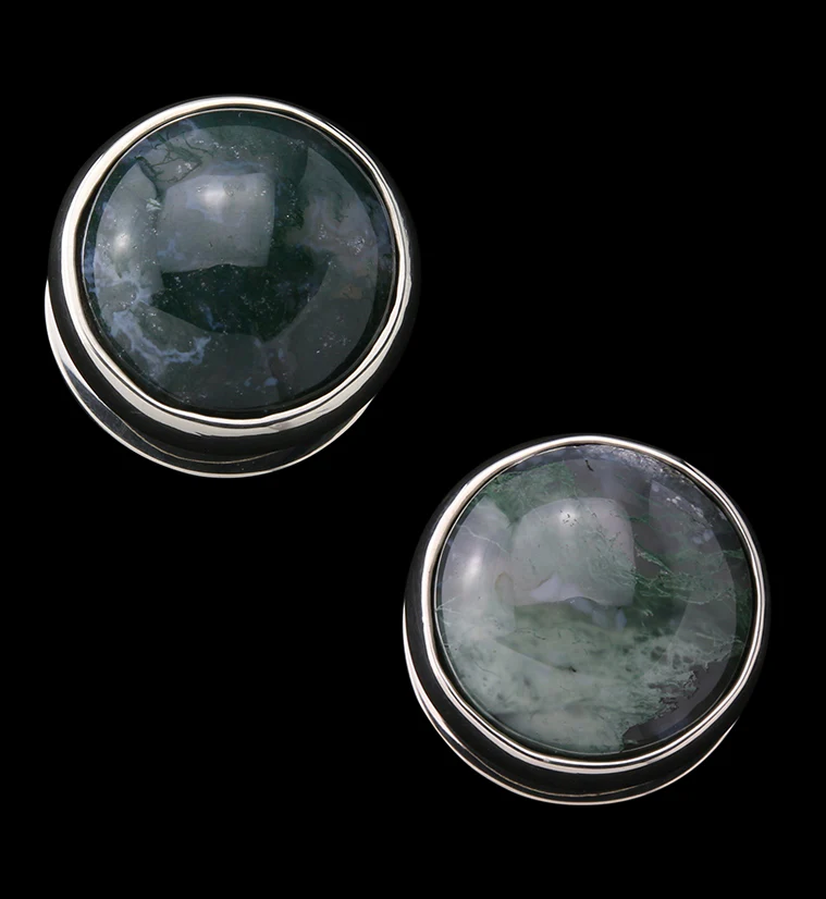 Green Moss Agate Stone Disk White Brass Ear Weights - Mrs Treak