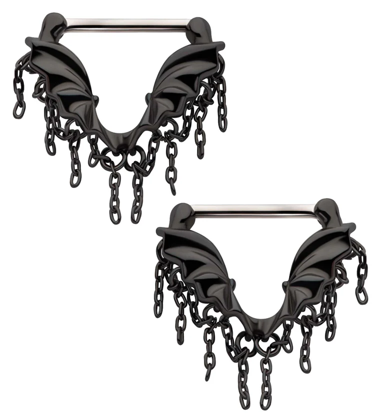 Black PVD Bat Wing Chains Nipple Clicker - Mrs Treak
