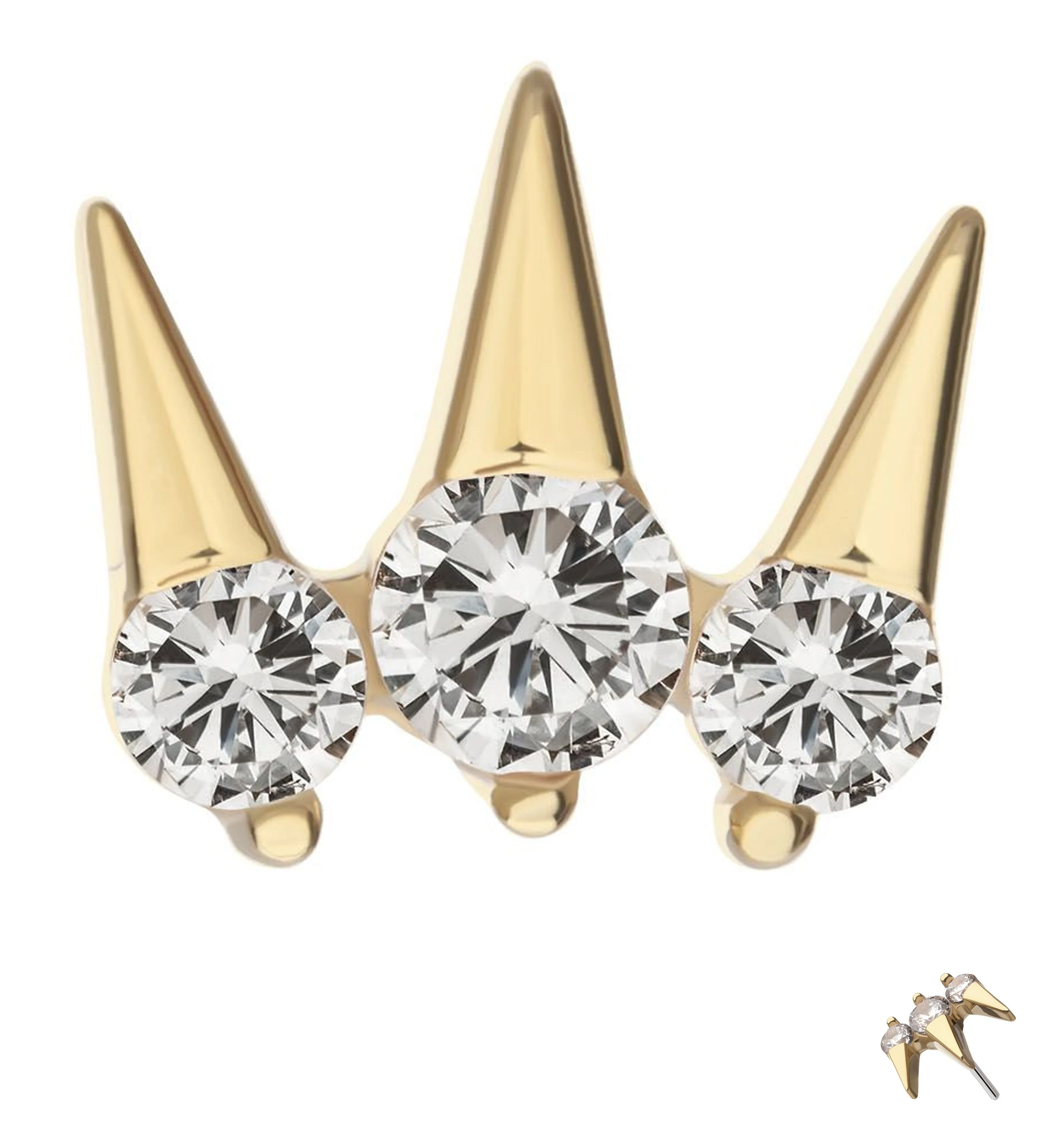 14kt Gold Triple Spike Clear CZ Threadless Top - Mrs Treak