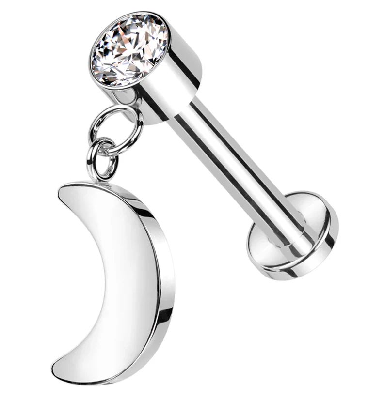 Half Moon Dangle Clear CZ Titanium Internally Threaded Labret - Mrs Treak