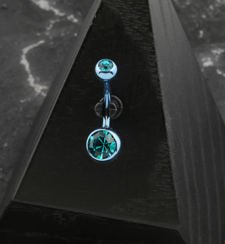 Light Blue Anodized Faceted Aqua CZ Internally Threaded Titanium Belly Button Ring - Mrs Treak
