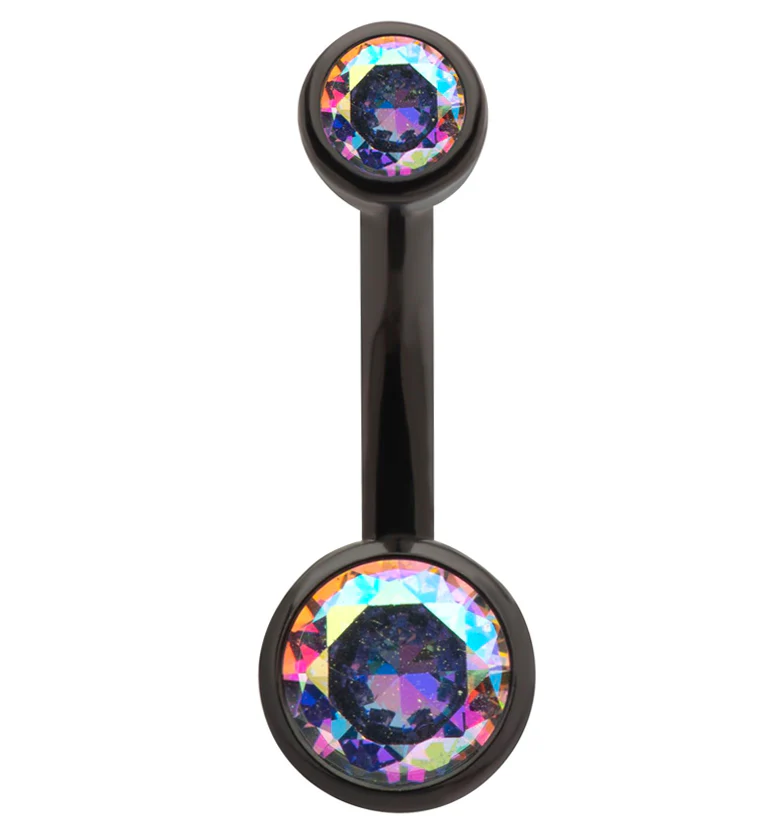 Black PVD Bezel Rainbow Aurora CZ Internally Threaded Titanium Belly Button Ring - Mrs Treak
