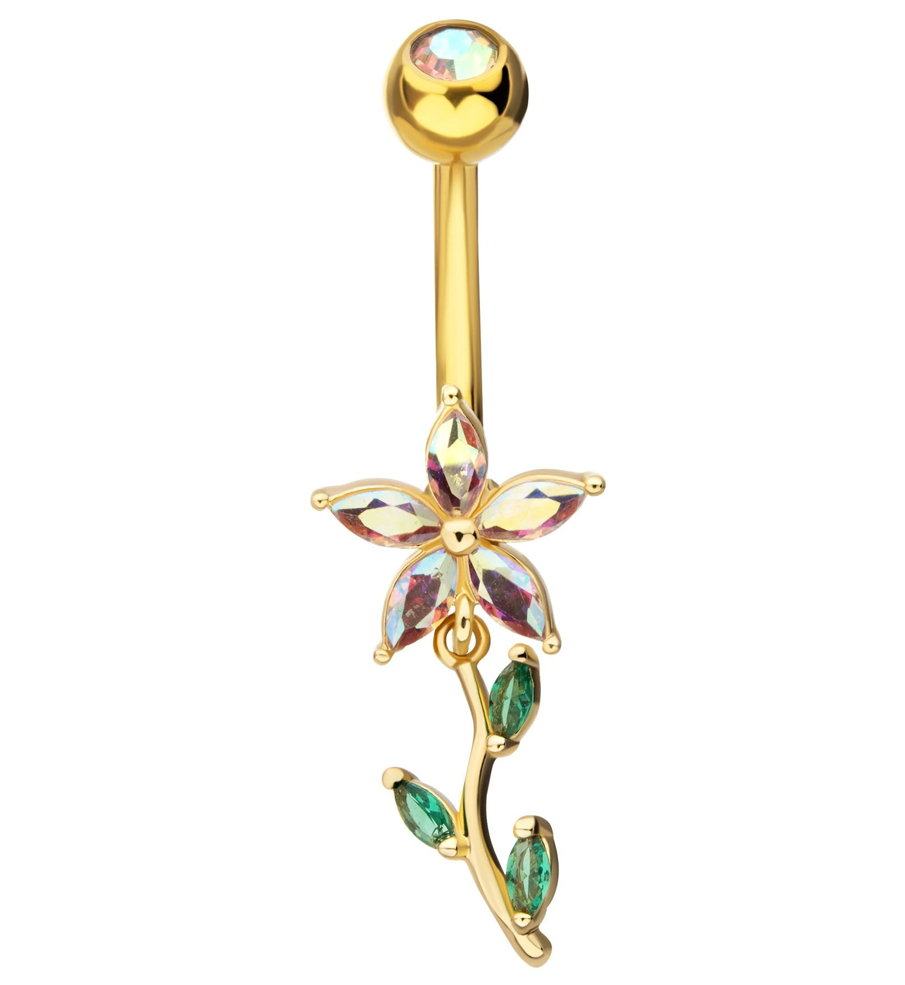 Gold PVD Flower Rainbow Aurora And Emerald CZ Dangle Stainless Steel Belly Button Ring - Mrs Treak