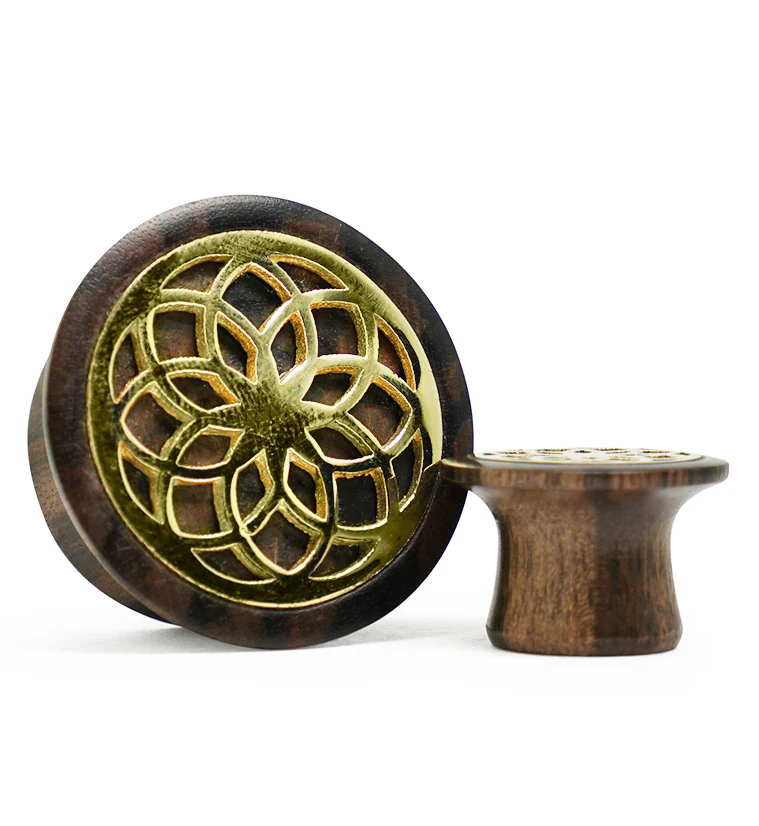 Seed of Life Brass Areng Wood Mayan Flare Plugs - Mrs Treak