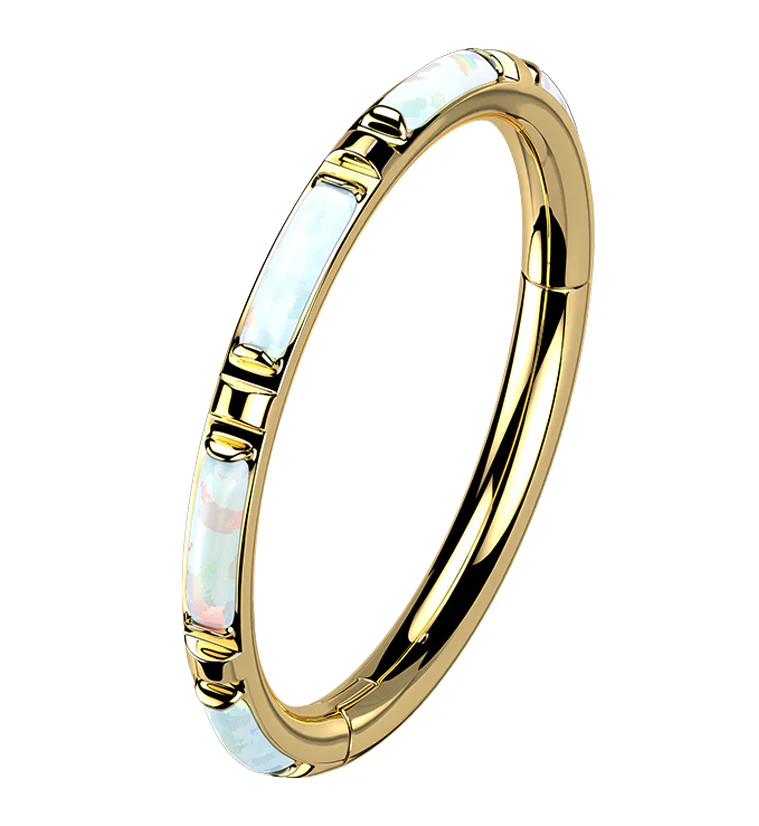 Gold PVD Oblong White Opalite Edge Hinged Segment Ring - Mrs Treak
