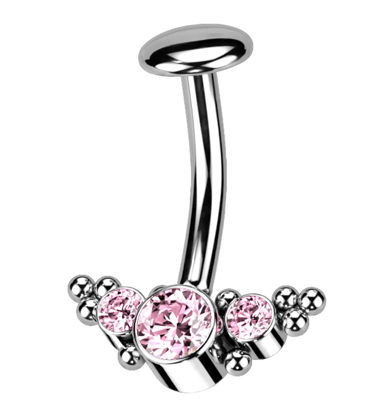 Beaded Triple Pink CZ Titanium Threadless Floating Belly Button Ring - Mrs Treak