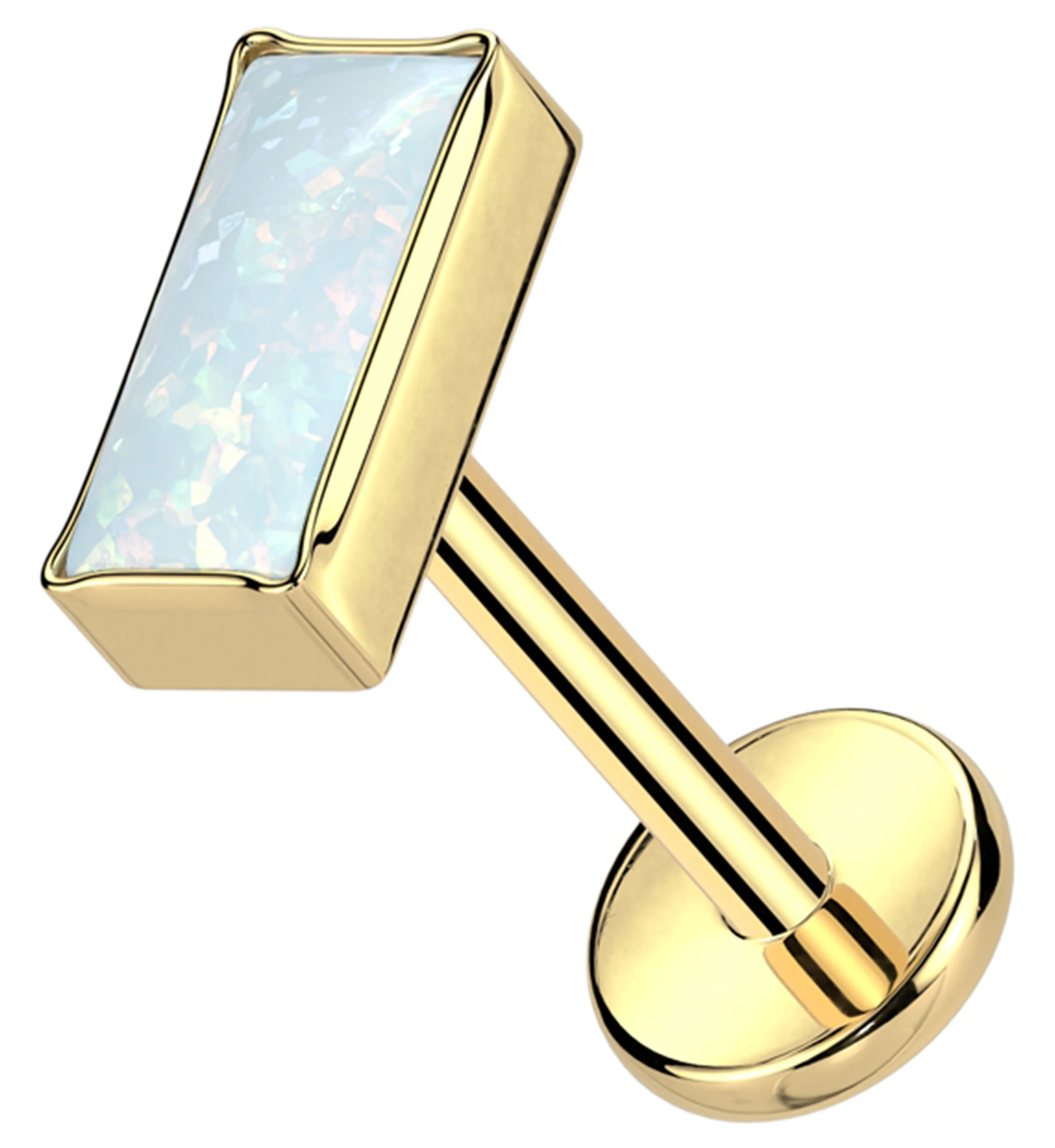 Gold PVD Baguette White Opalite Titanium Threadless Labret - Mrs Treak