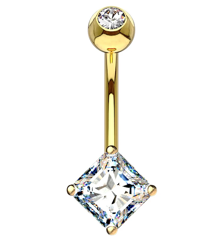 14kt Gold Prong Square CZ Belly Button Ring - Mrs Treak