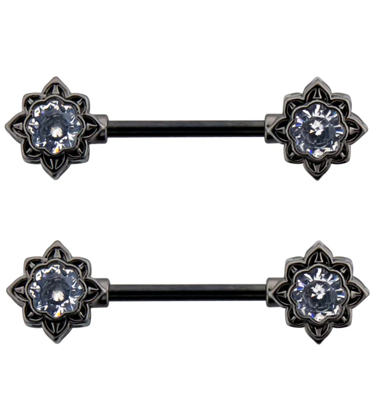 Black PVD Octagram CZ Stainless Steel Nipple Barbell - Mrs Treak