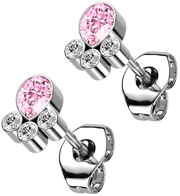 Pink Teardrop Cluster CZ Titanium Threadless Earrings - Mrs Treak