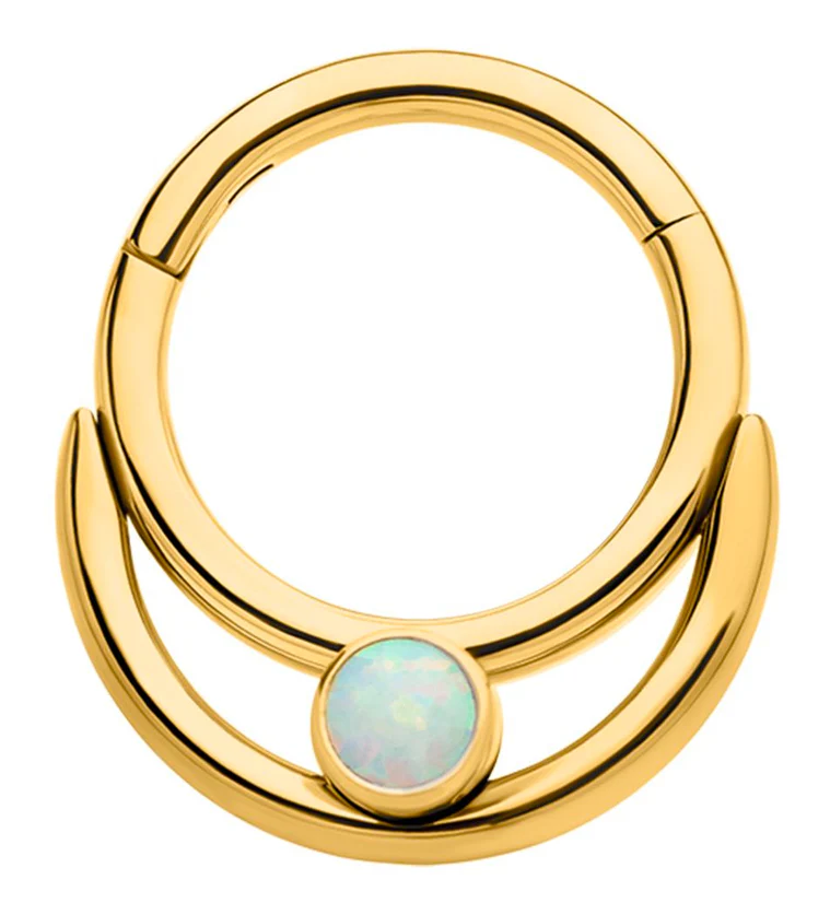 Gold PVD Double Hoop Bezel White Opalite Stainless Steel Hinged Segment Ring - Mrs Treak