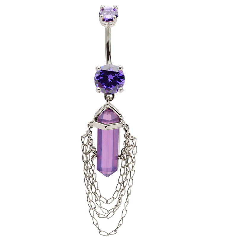 Amethyst Crystal Multi Dangle Chain Stainless Steel Belly Button Ring - Mrs Treak