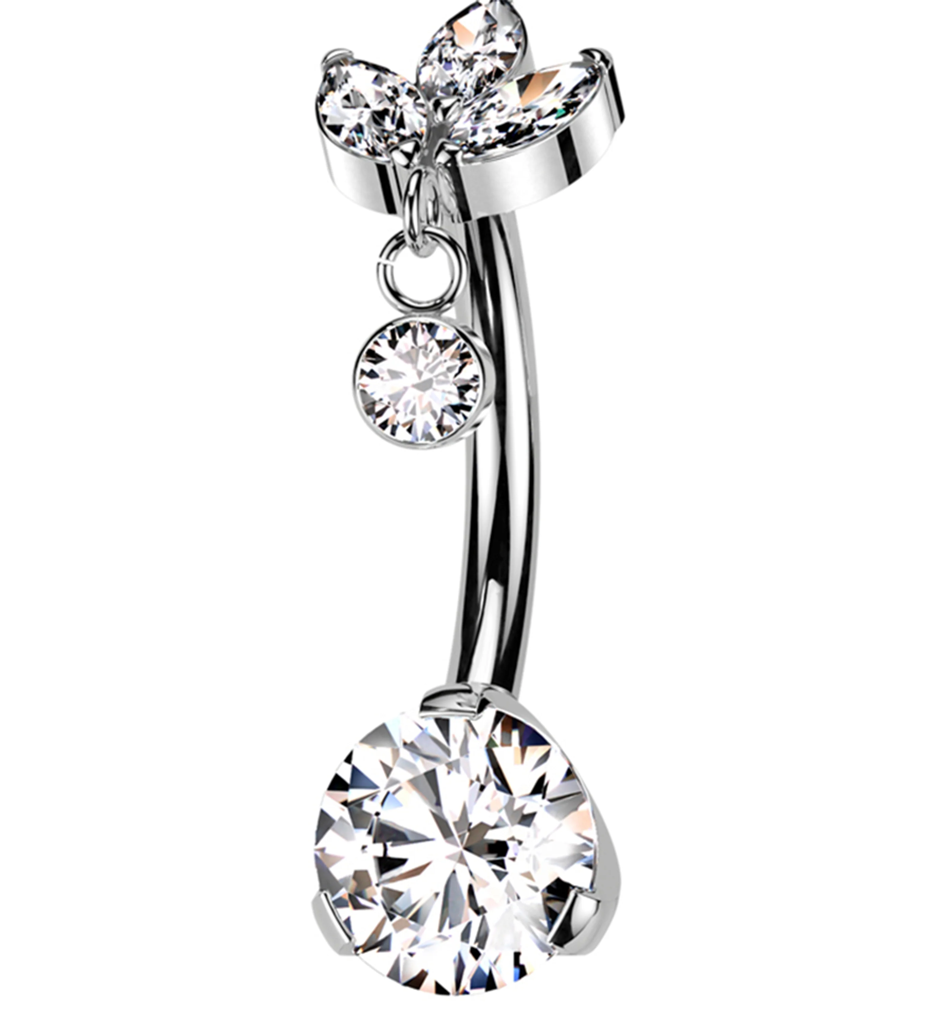 Triple Marquise Dangle Clear CZ Titanium Threadless Belly Button Ring - Mrs Treak