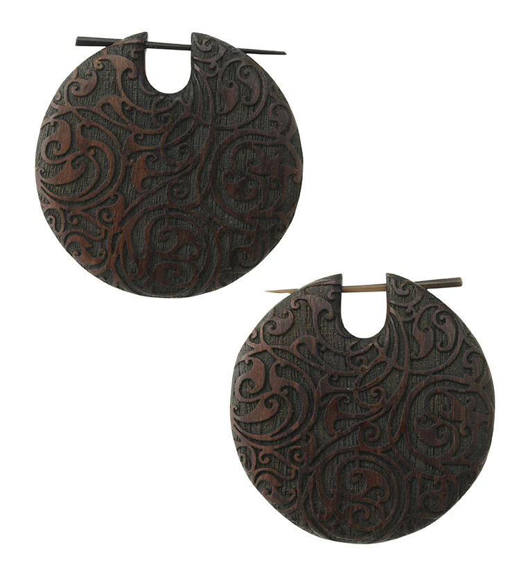 Ornate Narra Wood Disk Earrings - Mrs Treak