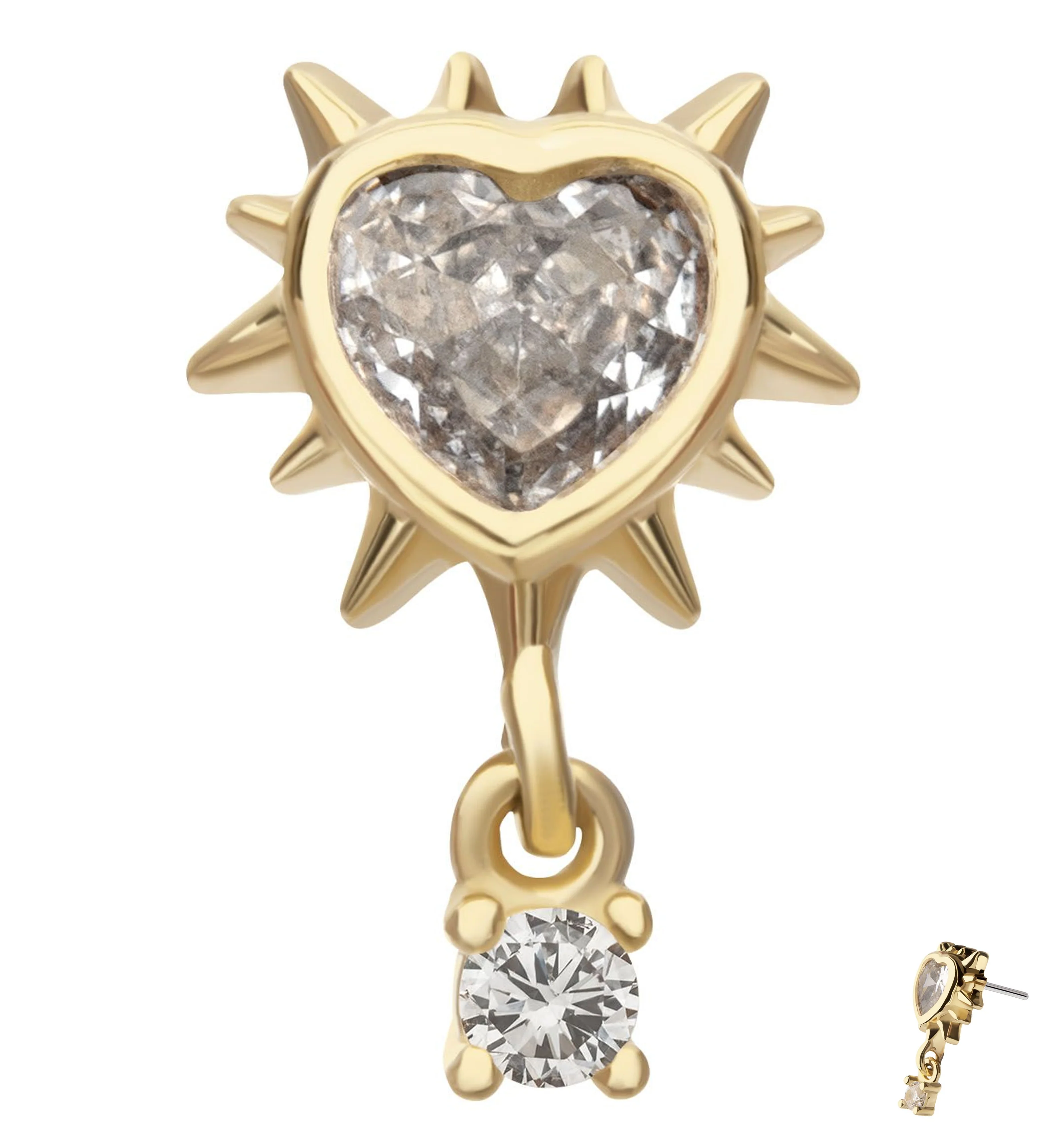 14kt Gold Spike Heart Clear CZ Threadless Top - Mrs Treak