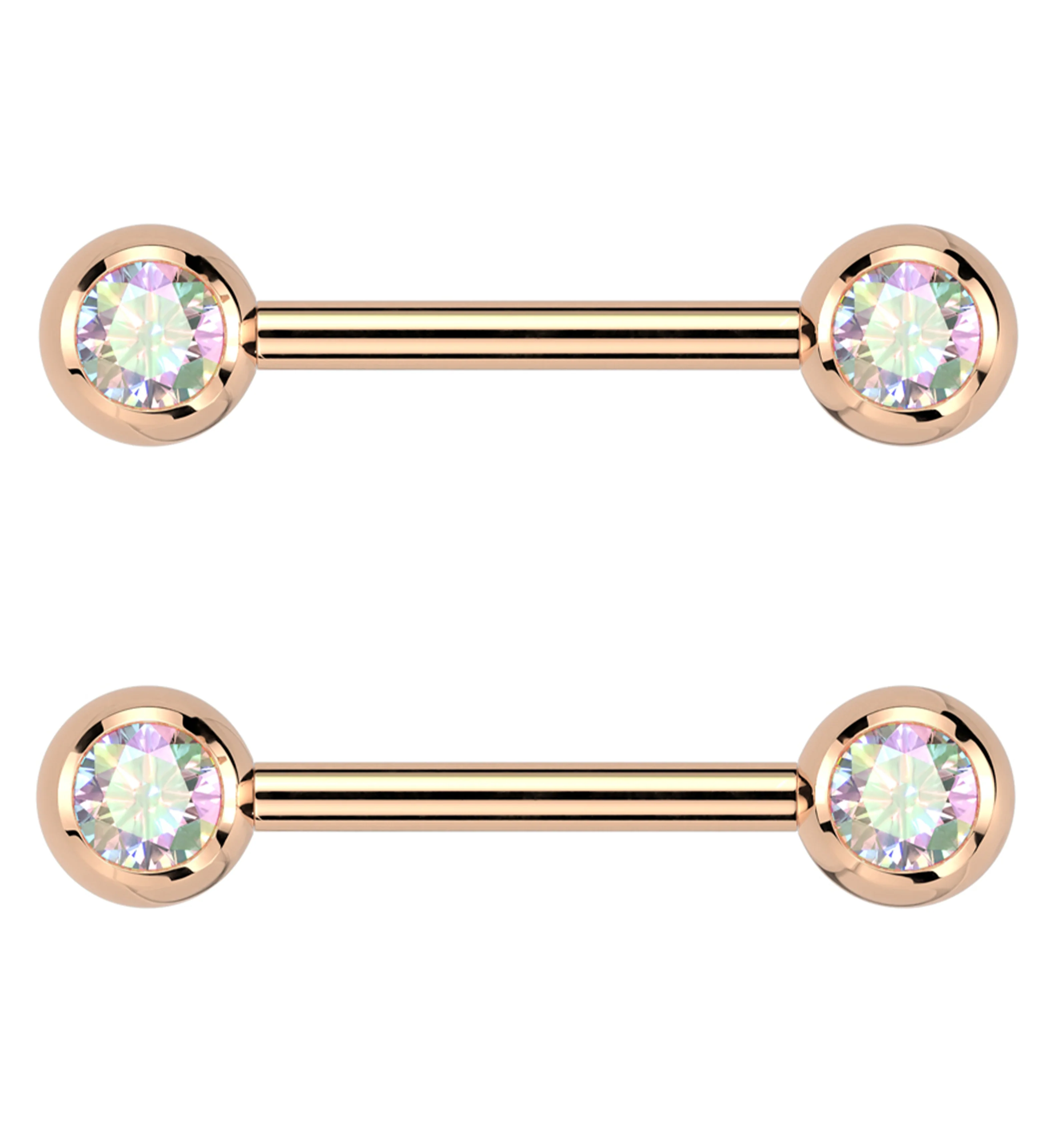 Rose Gold PVD Rainbow Aurora CZ Ball Internally Threaded Titanium Nipple Barbells - Mrs Treak