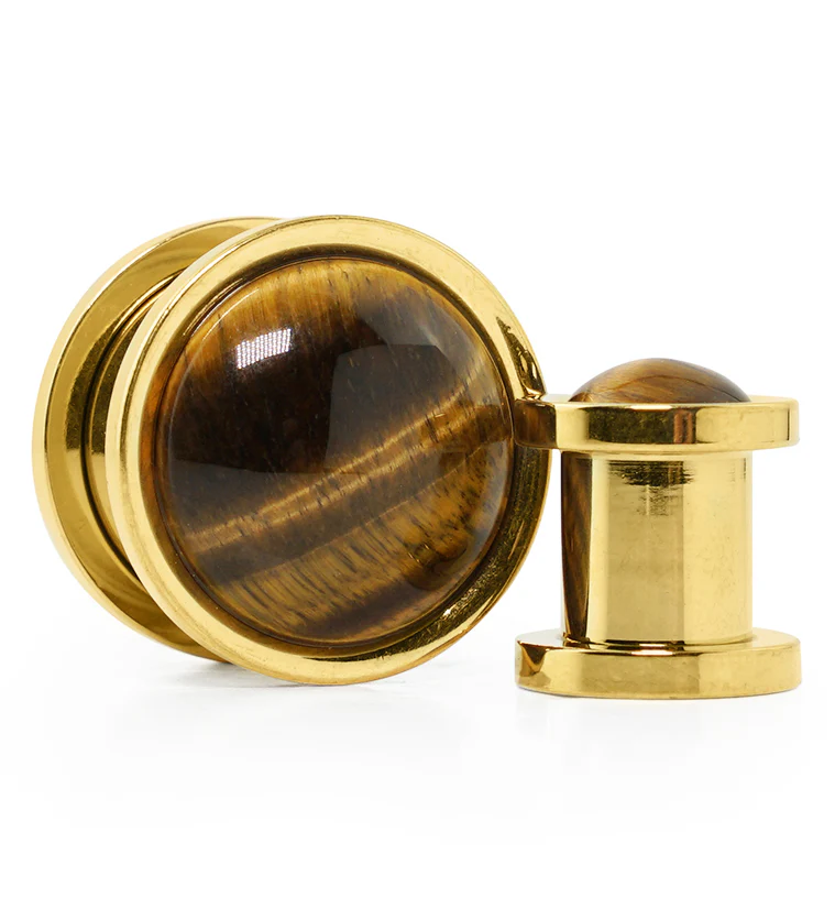 Gold PVD Tigers Eye Stone Stainless Steel Plugs - Mrs Treak