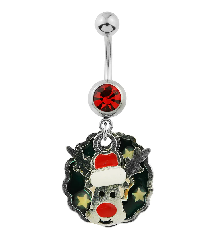 Reindeer Wreath Dangle Red CZ Stainless Steel Belly Button Ring - Mrs Treak