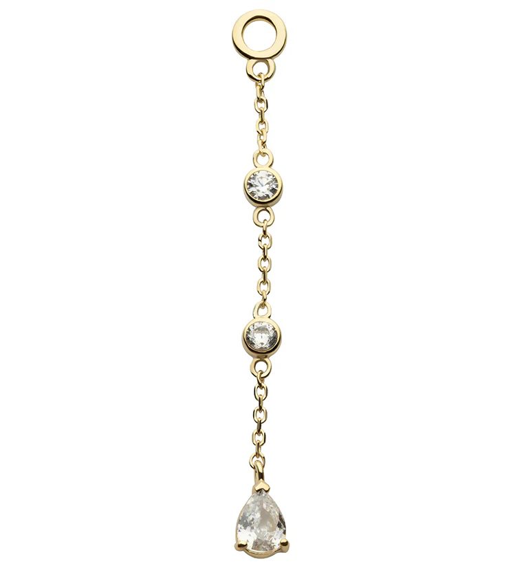 14kt Gold Triple Tier Teardrop CZ Dangle Chain Charm - Mrs Treak