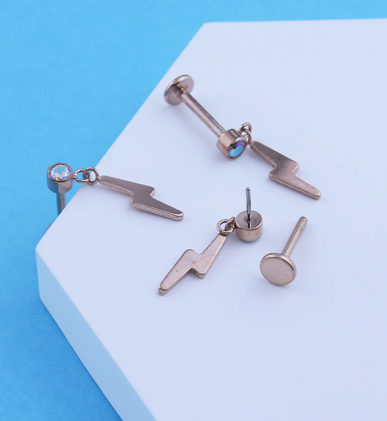 Rose Gold PVD Electric Bolt Dangle Rainbow Aurora CZ Titanium Threadless Labret - Mrs Treak