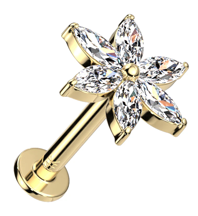 14kt Gold Flower CZ Threadless Labret - Mrs Treak
