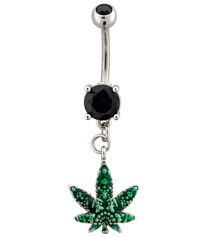 Green Hemp Leaf Black CZ Belly Button Ring - Mrs Treak