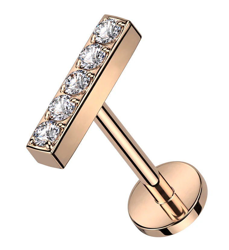 Rose Gold PVD Bar Clear CZ Titanium Threadless Labret - Mrs Treak
