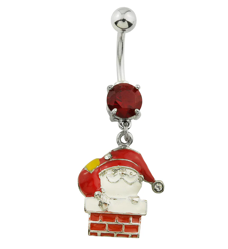 Chimney Santa Claus Dangle Red CZ Stainless Steel Belly Button Ring - Mrs Treak