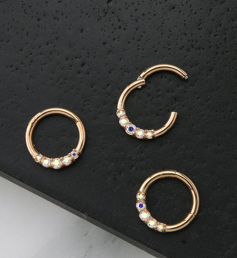 Rose Gold PVD Rainbow Aurora CZ Hinged Segment Ring - Mrs Treak