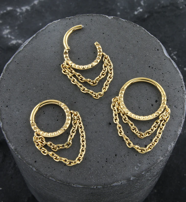 Gold PVD Polyhedra Double Dangle Chain Stainless Steel Hinged Segment Ring - Mrs Treak