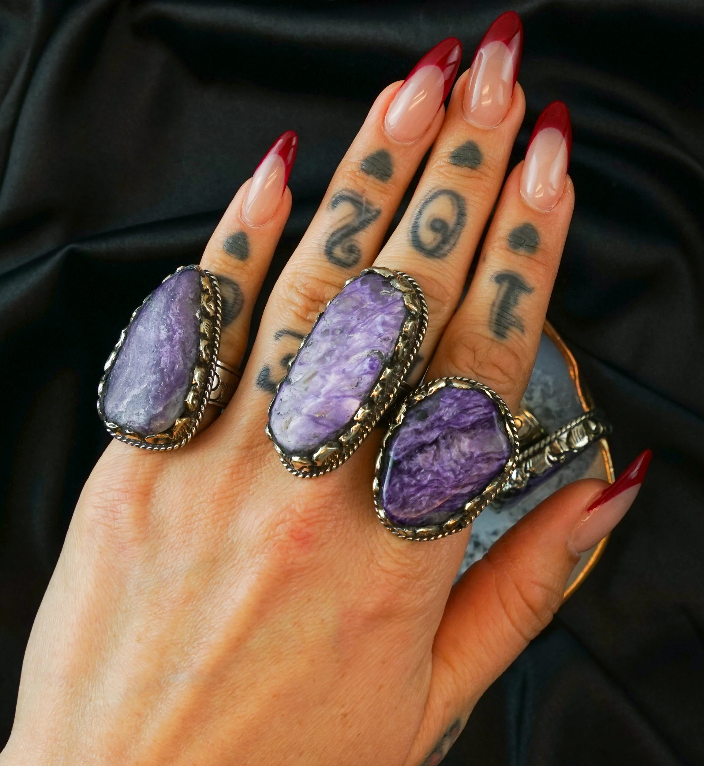 Ornate Charoite Stone White Brass Ring - Mrs Treak