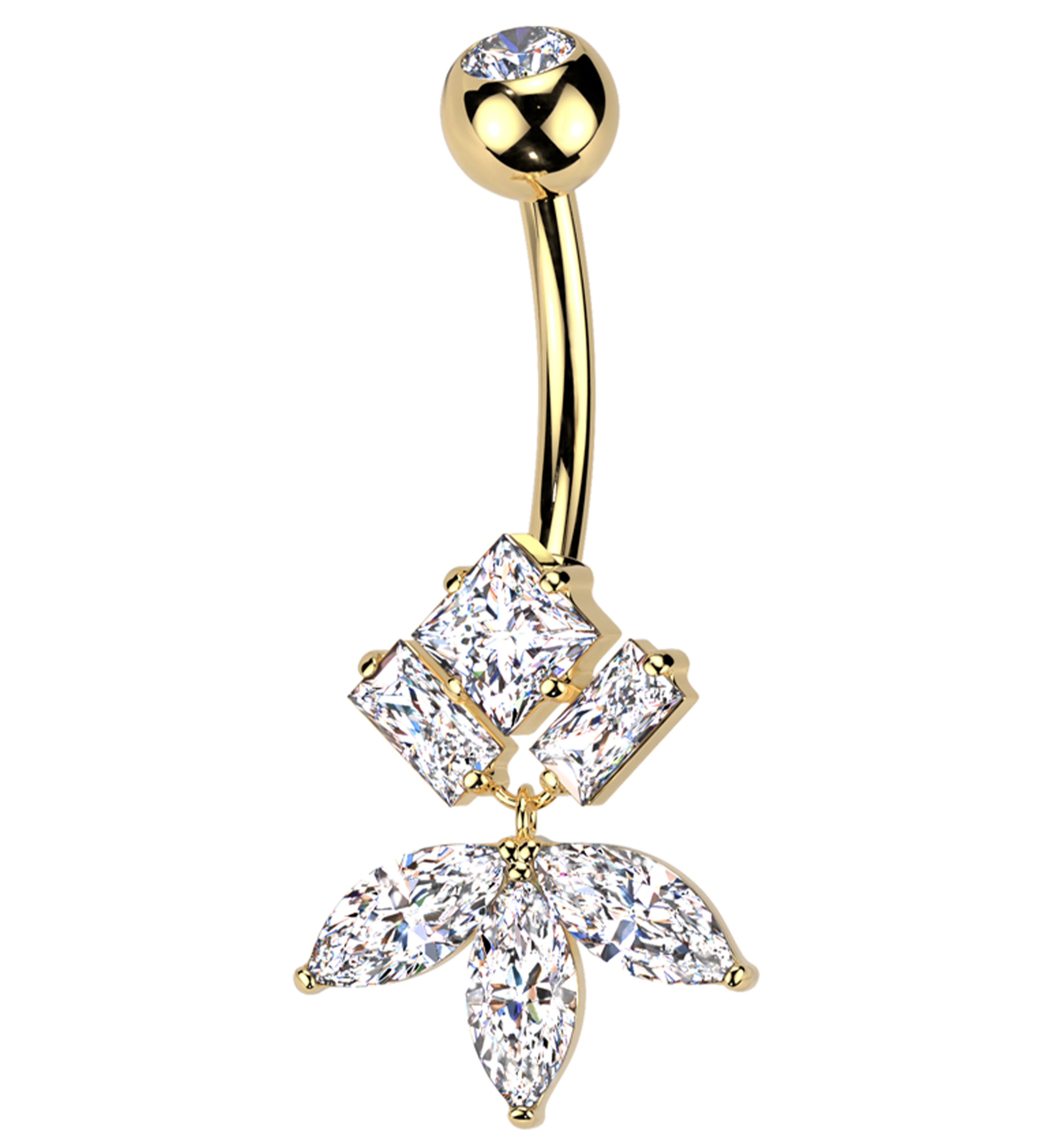Gold PVD Geometric Dangle Clear CZ Titanium Belly Button Ring - Mrs Treak