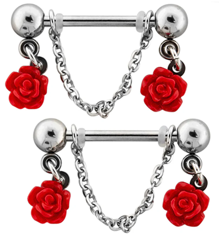 Red Rose Dangle Chain Stainless Steel Nipple Barbell - Mrs Treak
