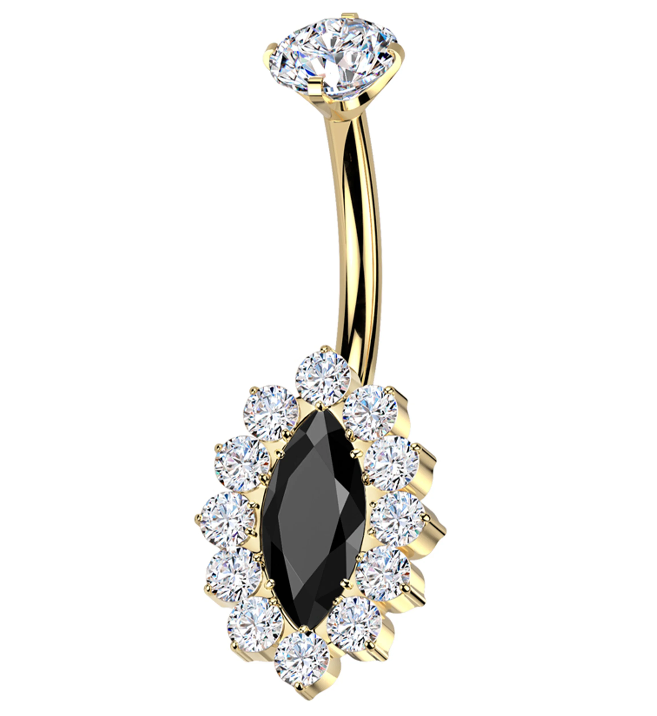 Gold PVD Ovoid Marquise Black CZ Titanium Internally Threaded Belly Button Ring - Mrs Treak