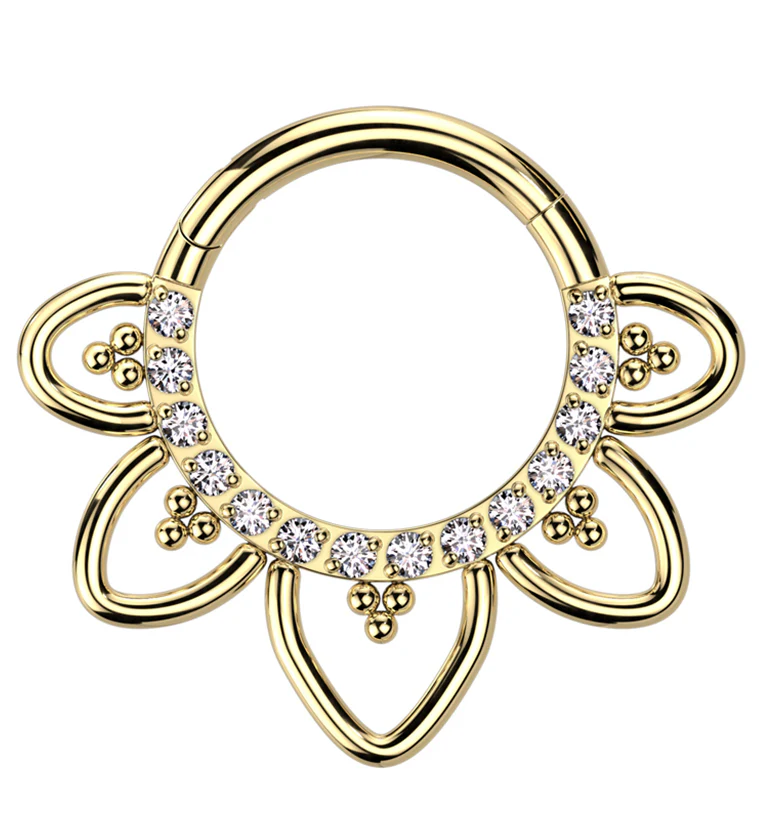 Gold PVD Flower Trace Clear CZ Titanium Hinged Segment Ring - Mrs Treak