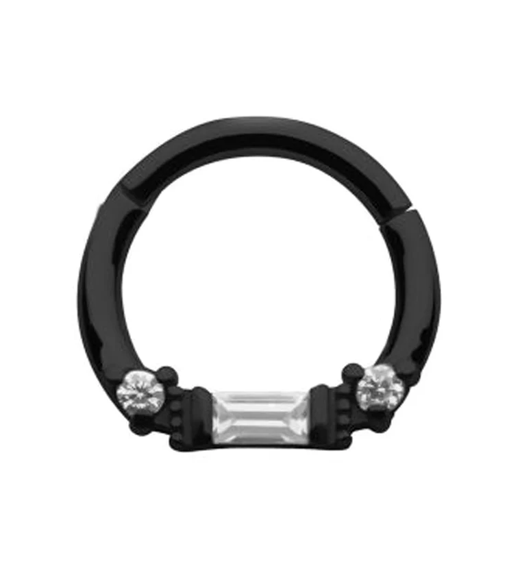 Black PVD Round & Baguette CZ Beaded Hinged Segment Ring - Mrs Treak