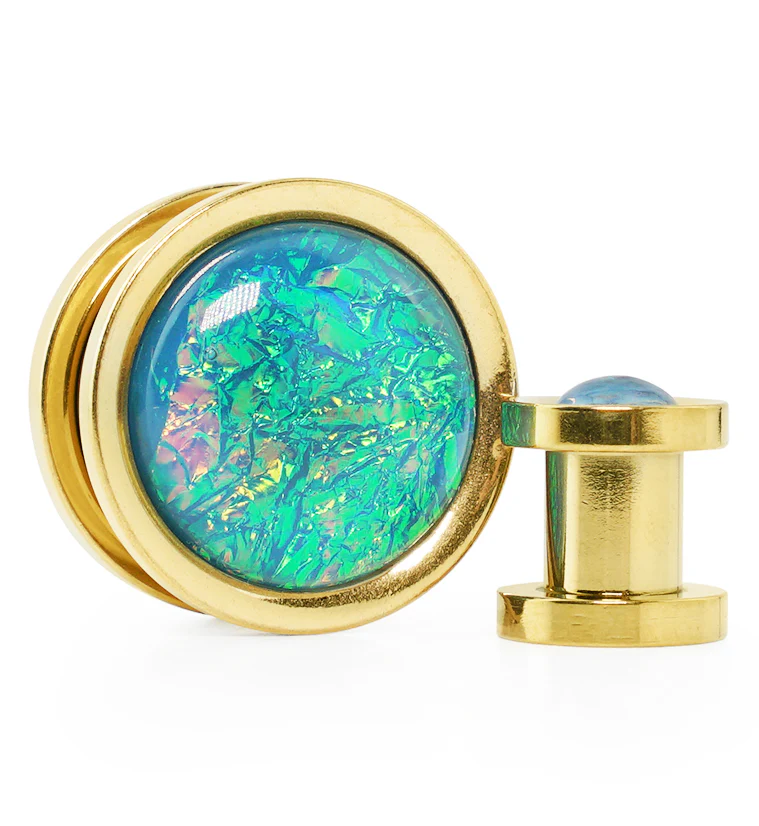 Gold PVD Stainless Steel Blue Opalite Plugs - Mrs Treak